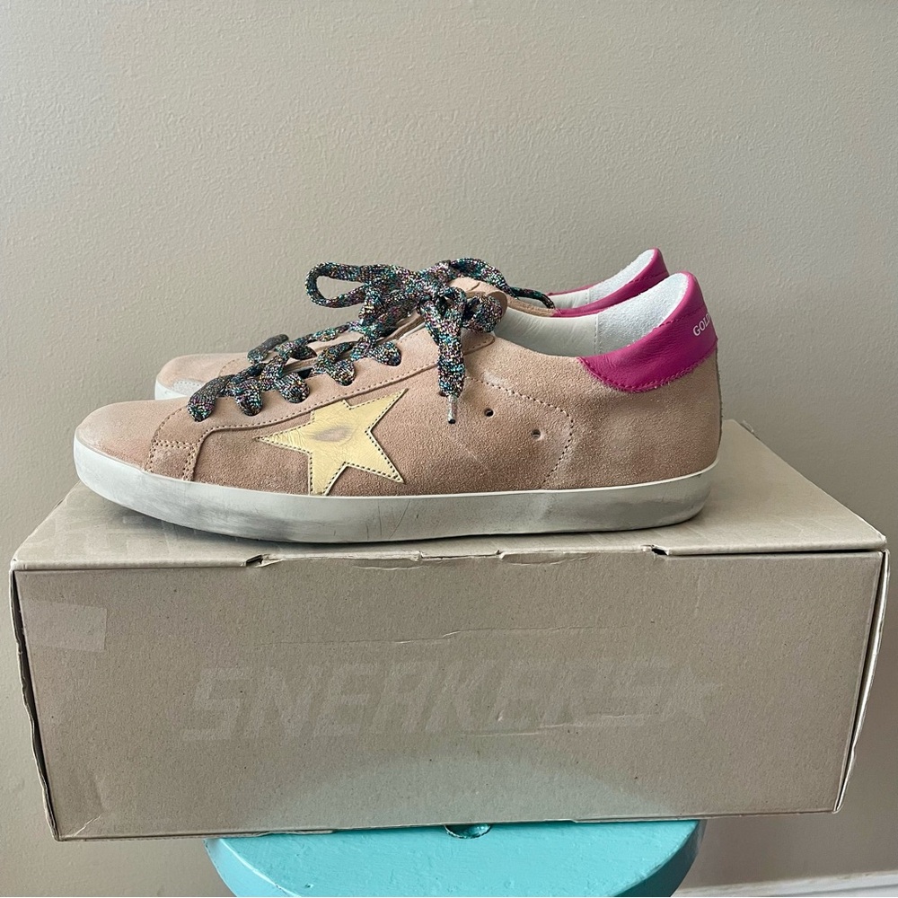 Golden Goose Superstar Nude Suede Gold Star Pink Heel Confetti Laces NEW IN BOX - Picture 4 of 13